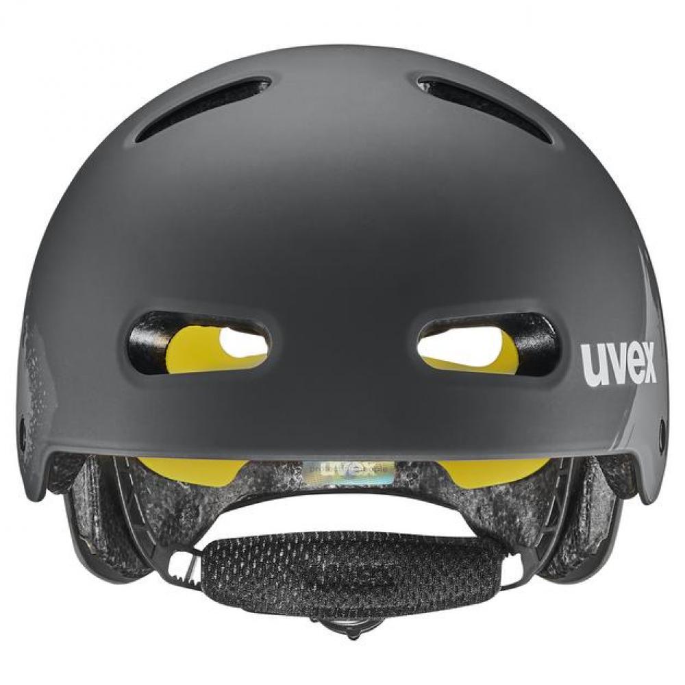 uvex kid 4 style MIPS Kinderfahrradhelm in dirt black matt, Größe 51-55 cm, Frontansicht mit Belüftungsschlitzen.