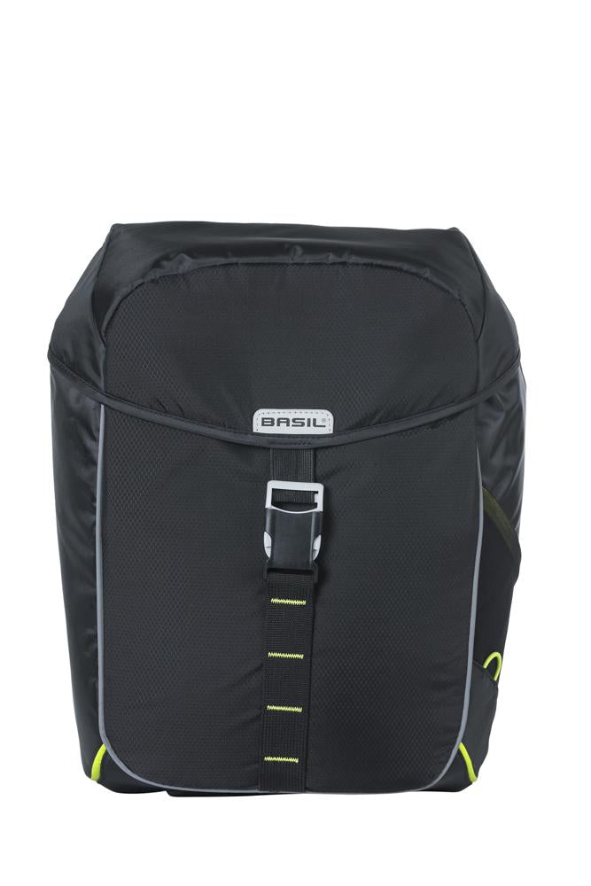Basil Doppelpacktasche Miles schwarz-lime, wasserdicht, 34l, mit Reflektoren für Fahrrad.