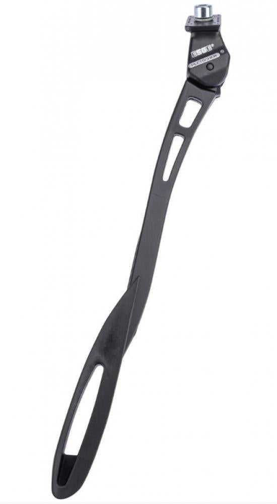Schwarzer Esge Pletscher Fahrrad Seitenständer, verstellbar für 24-28 Zoll Räder, mit Montageplatte.