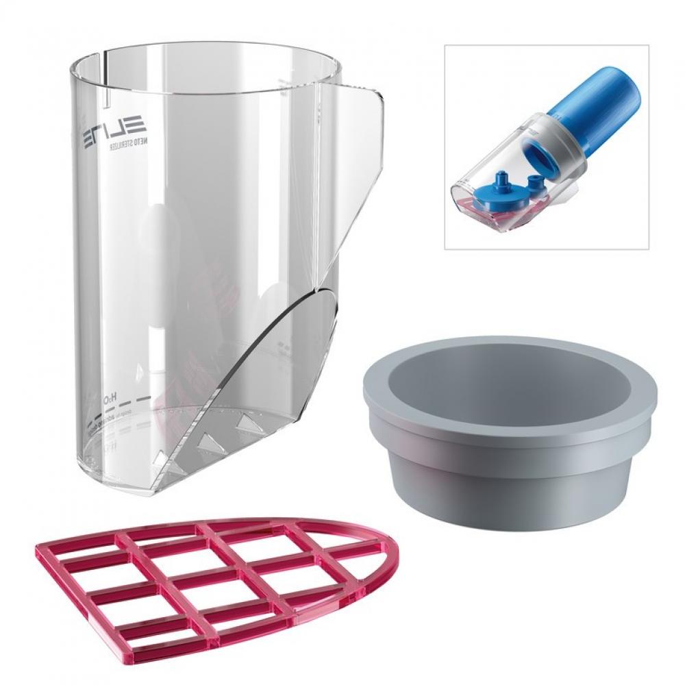 ELITE NETO Sterilisator Flaschenreiniger Set für Kunststoff-Trinkflaschen: transparenter Behälter, blauer Reiniger, graues Ge