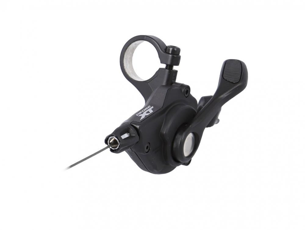Schwarzer Shimano Deore XT SL-M8100 12-fach rechter Schalthebel mit Schelle für MTB-Antriebe.
