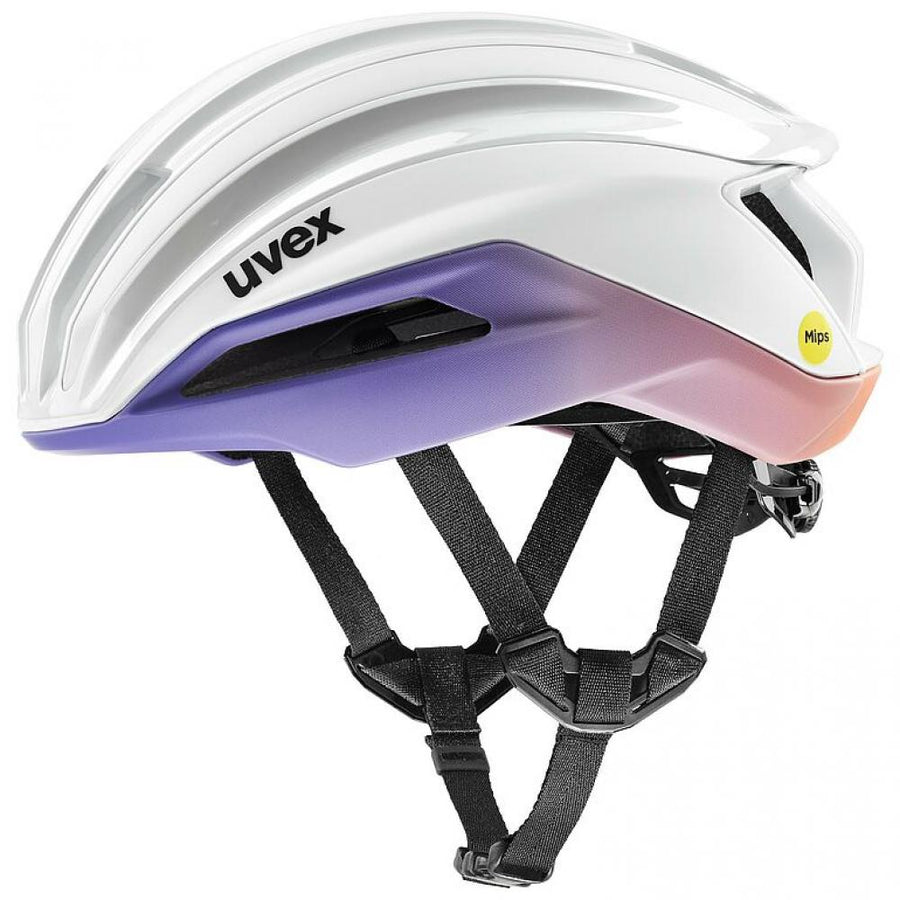 uvex surge aero MIPS Rennradhelm, mit Aero-Cover, MIPS®-Technologie, Brillengarage, reflektierende Details, white-lilac apricot matt, Größe 59-61 cm
