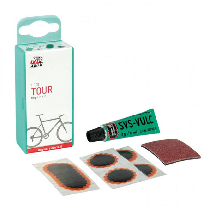 REMA TIP TOP Flickzeug Set TT 01 SB  Fahrrad-Schlauchreparaturset mit 4 runden Flicken, 1 ovalem Flicken, 3 g SVS-Vulkanisierflüssigkeit und Schleifleinen für schnelle Reparaturen unterwegs