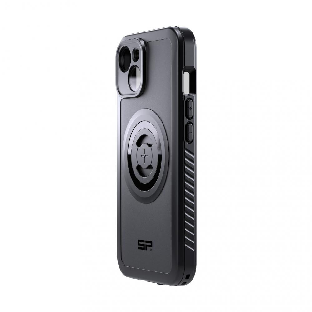 Schwarzes SP Connect Phone Case Xtreme iPhone 14, wasserdichtes Outdoor-Schutzcase mit integrierter Halterung.