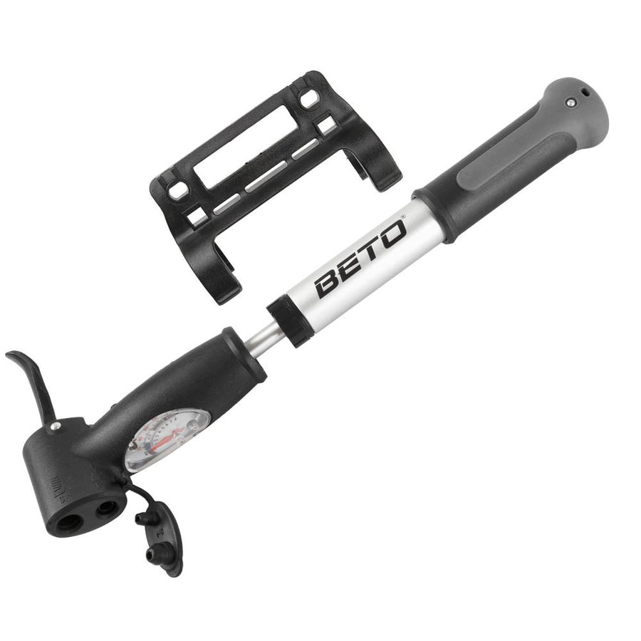 BETO Double Shot Minipumpe, Alu/Doppelkopf, Manometer, AV/DV/FV-Ventile, Ballnadel & Rahmenhalter, 5,5 bar