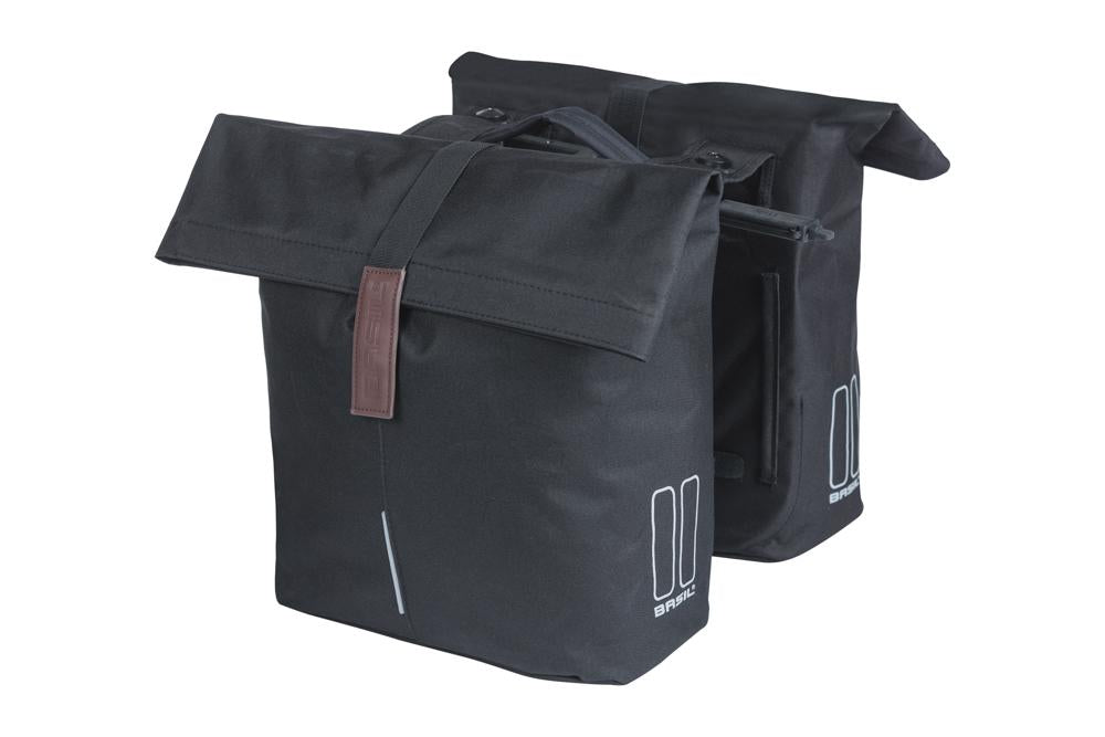 Basil City MIK 2.0 Doppeltasche 32L, schwarz, wasserabweisend, reflektierend, mit Faltverschluss und MIK-System.