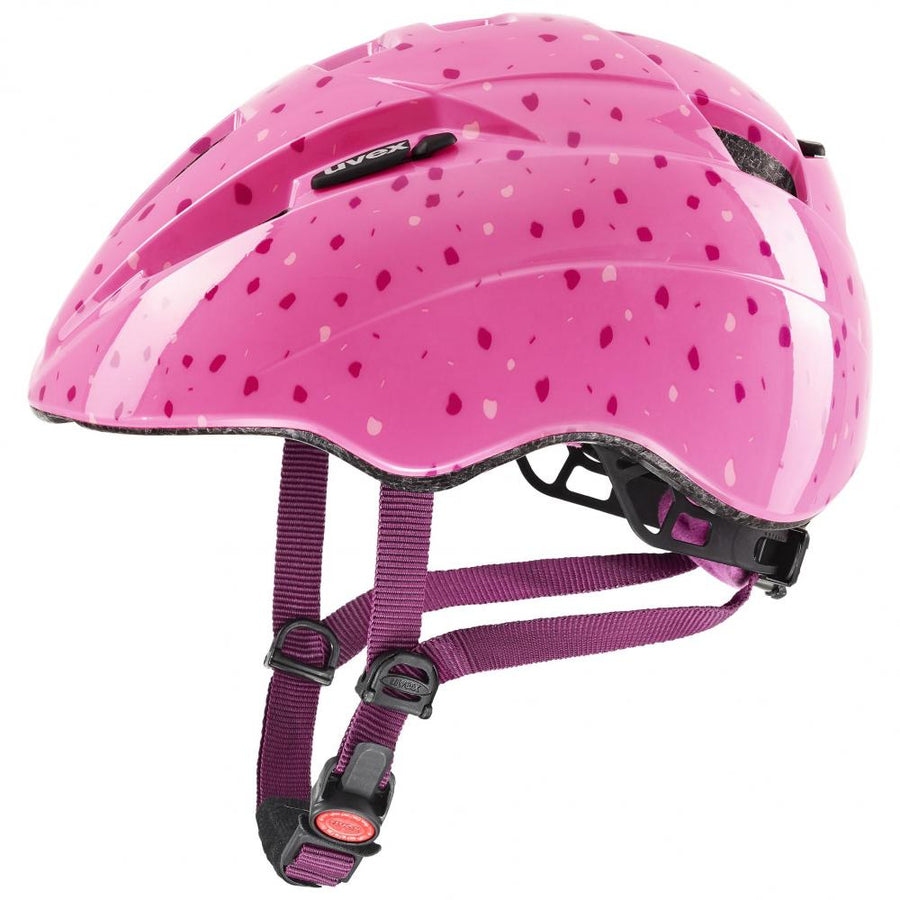 Pinker uvex kid 2 Kinderfahrradhelm mit Konfetti-Design, Größe 46-52 cm, leicht, individuell einstellbar, LED-kompatibel.
