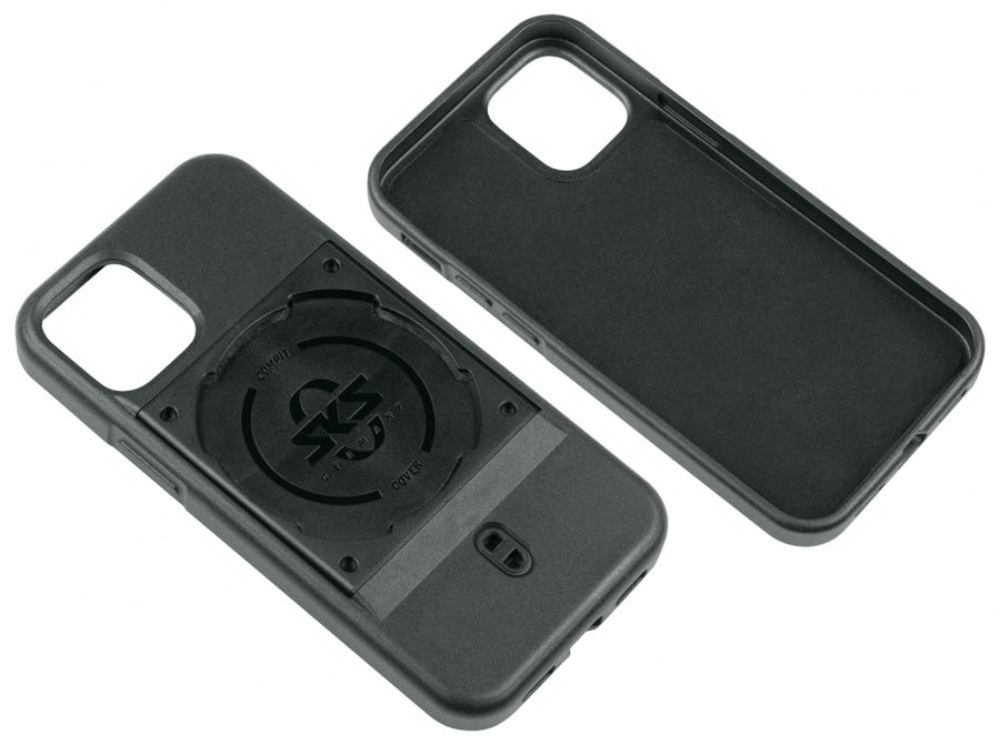 SKS COMPIT Cover iPhone 13 mini: Robuste schwarze 2K-Schutzhülle mit COMPIT-Halterung in zwei Produktansichten.