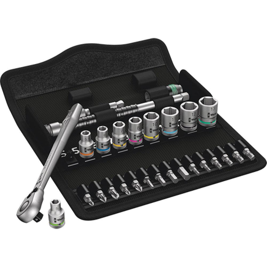 Wera 8100 SA 8 Zyklop Metall-Knarrensatz 1/4" metrisch 28-teilig mit Ratschen, Nüssen und Bits in schwarzer Tasche.