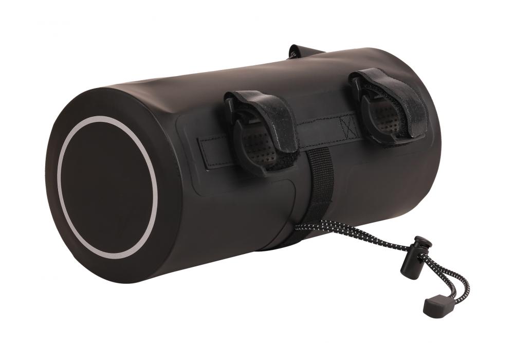 Zefal Z Adventure F2 Fahrrad-Lenkertasche in Schwarz, zylindrisch und wasserdicht, mit Befestigungsgurten und Kordelzug.