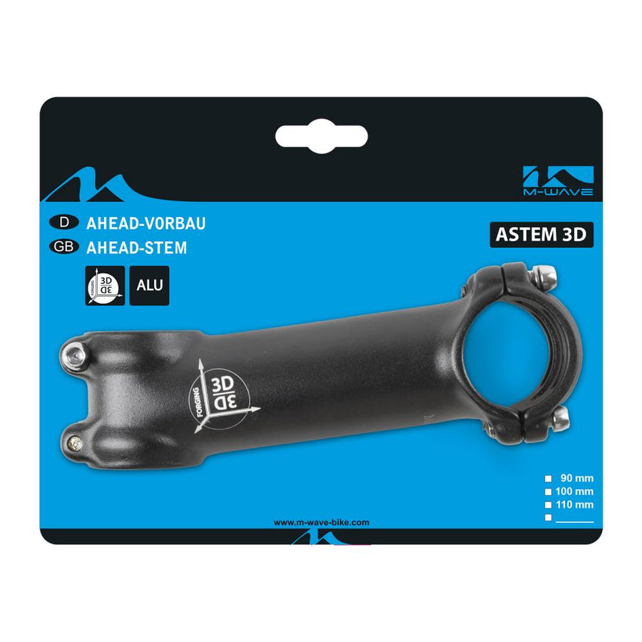 M-WAVE Astem 3D Ahead Vorbau mattschwarz 110 mm - Aluminium 3D geschmiedet, 1 1/8\" Gabelschaft, Ø31,8 mm Lenkerklemmung, Winkel 7°, hohe Stabilität