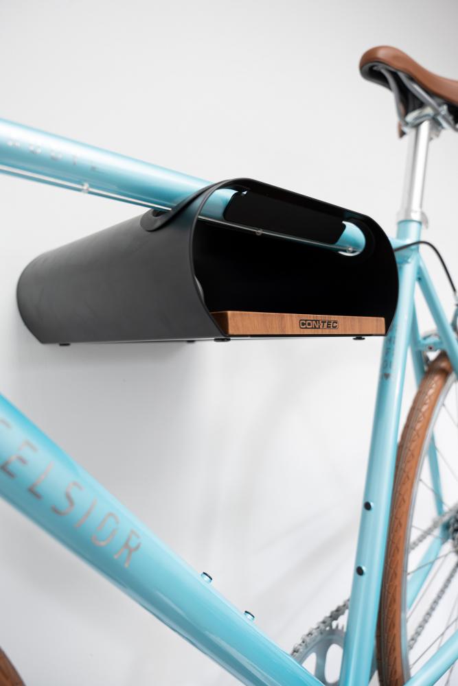 CONTEC bikeART tube Fahrrad-Wandhalterung, Stahl und Walnussholz, Silikonbeschichtung, für Oberrohr-Ø bis 55 mm, Tragfähigkeit bis 25 kg, inkl. Gurt, schwarz/walnuss