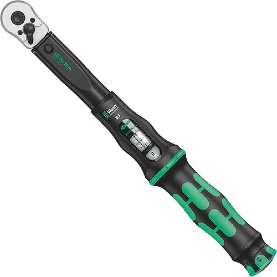 Wera Click-Torque B 1 Drehmomentschlüssel 10-50 Nm mit 3/8" Umschaltknarre in schwarz-grün.