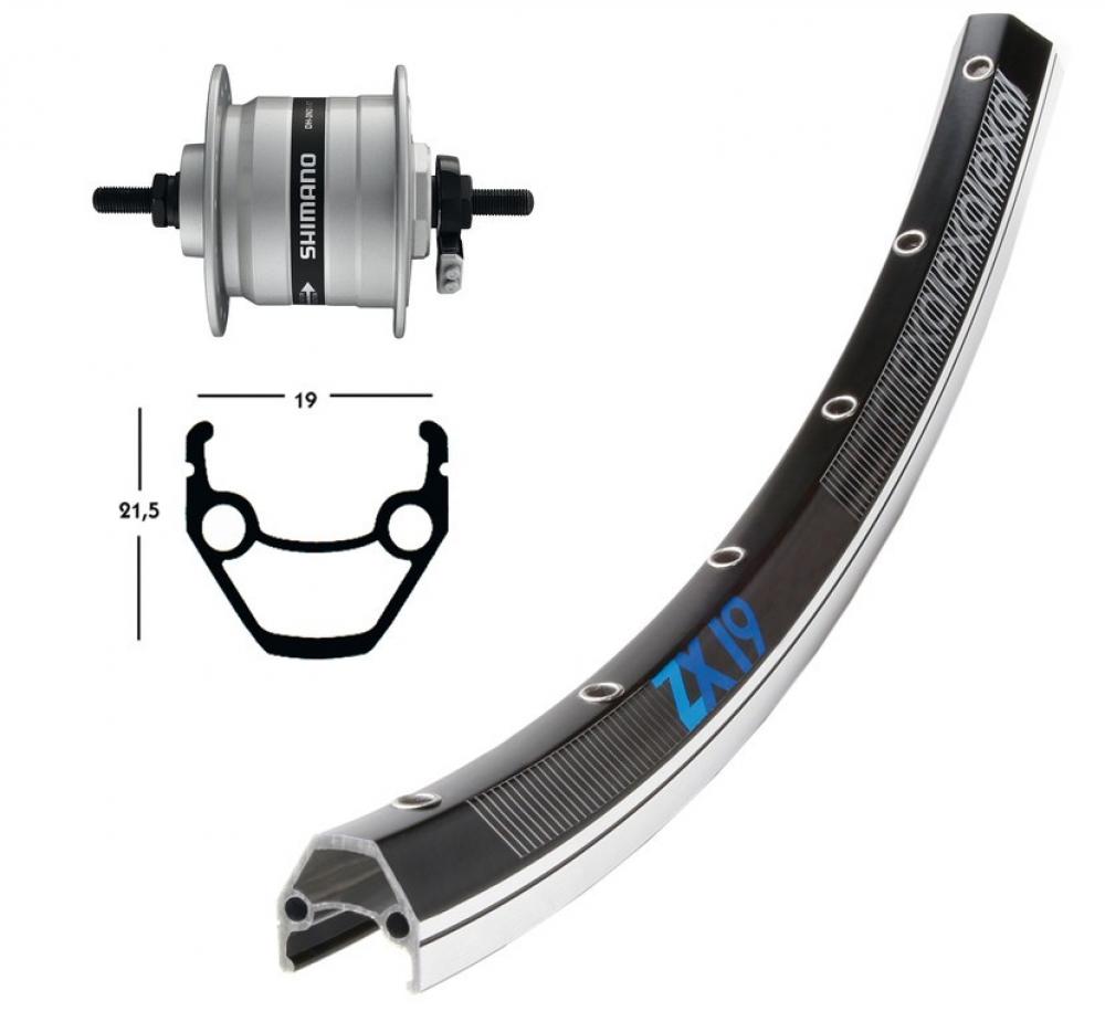 Bike-Parts Vorderrad 26x1.75 Zoll Nabendynamo DH-3N20 silber Festachse 36-Loch Exal ZX 19 schwarz|silber Nirosta-Speichen