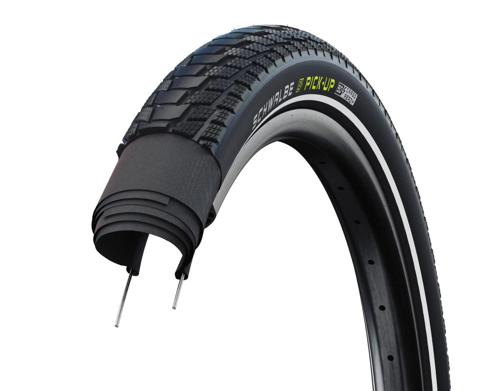 Schwalbe Pick-Up E-50 Lastenradreifen, schwarz, Reflexstreifen, Schnittbild zeigt Super Defense Karkasse.