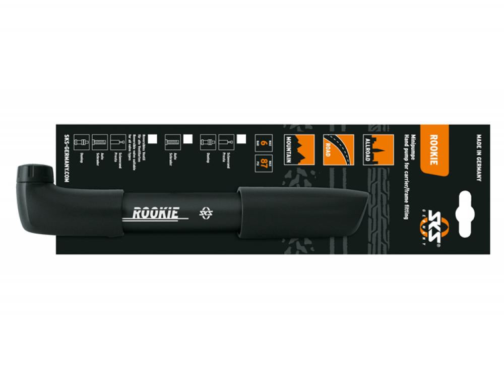 SKS Minipumpe Rookie schwarz - reversibel 265-280 mm - passend für DV/AV/SV - ideal für unterwegs, leicht und kompakt, zuverlässige Pumpleistung auf Touren
