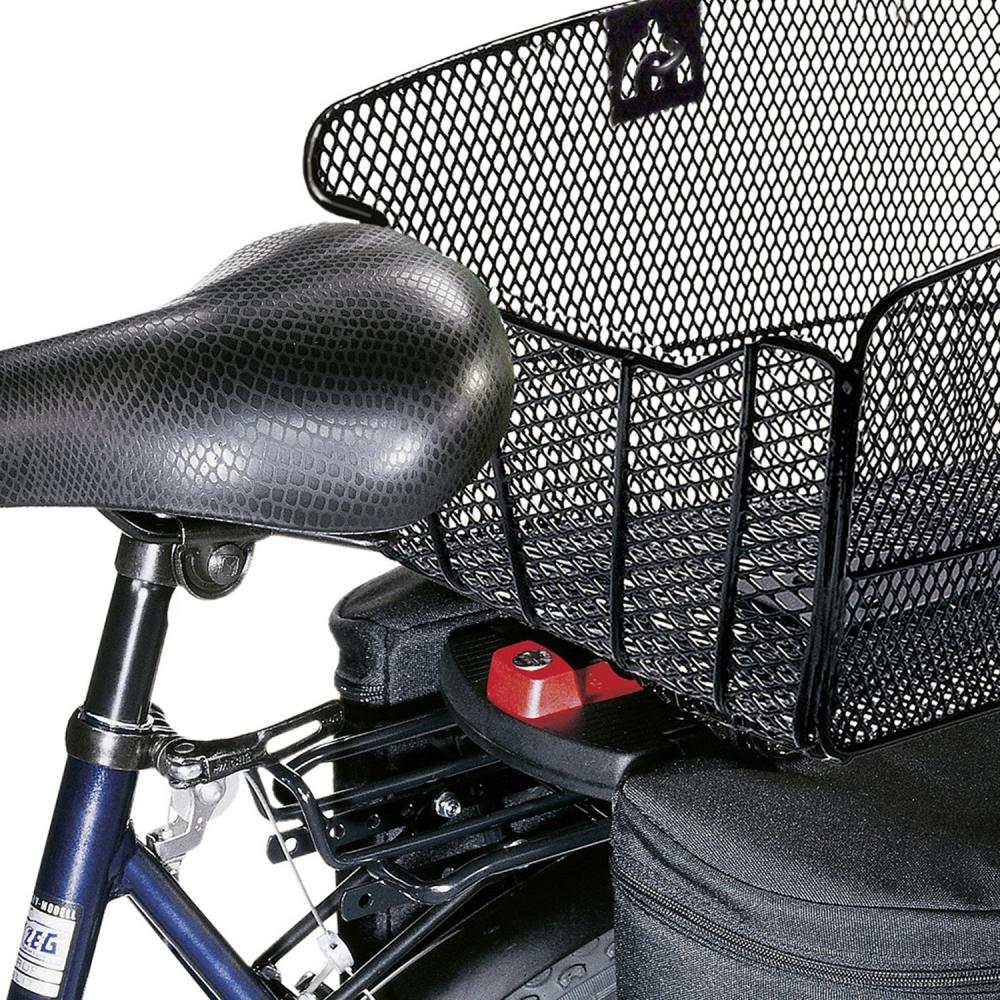 KLICKfix Citymax GTA Hinterradkorb schwarz feinmaschig am Fahrradgepäckträger montiert für Alltag und Einkauf.