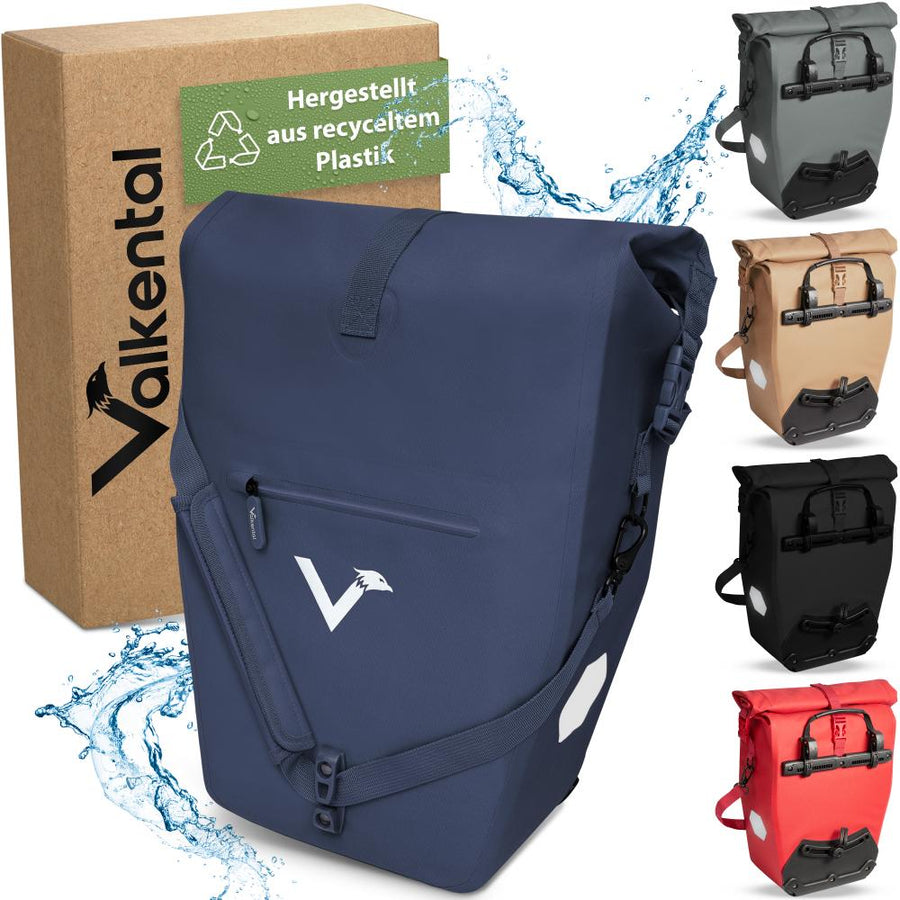 Valkental Gepäckträgertasche ValkOcean Meeresblau, wasserdicht, aus recyceltem Plastik, mit Farbvarianten.