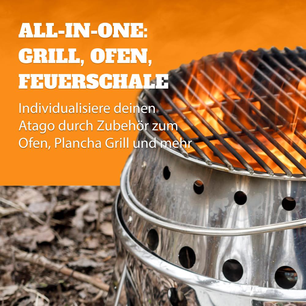 Petromax Atago 4-in-1 Edelstahl Grill, Feuerschale, Ofen & Herd, klappbar, Ø34 cm Grillrost, robust, extrem hitzebeständig, ideal für Camping & Outdoor-Kochen