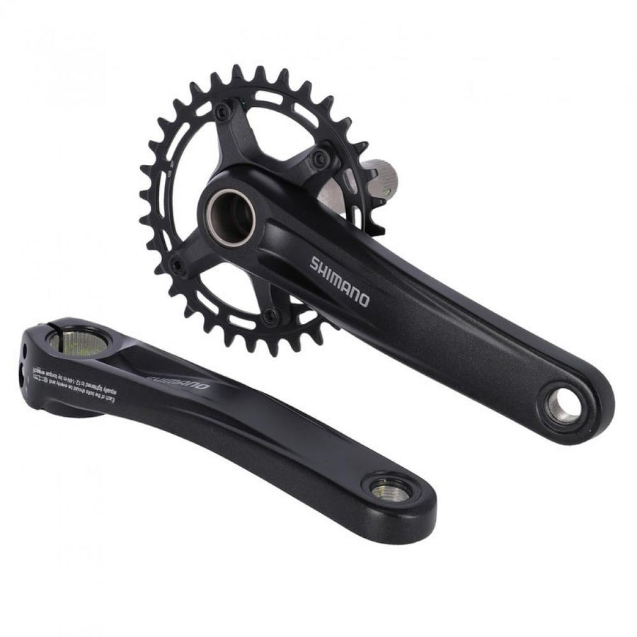 Schwarze SHIMANO FC-MT510 12-fach Kurbelgarnitur mit 175mm Kurbelarmen und 34 Zähnen Kettenblatt.