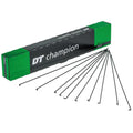 DT Swiss Champion 2.0 Speichen, schwarze robuste Allround-Fahrradspeichen in der Verpackung.
