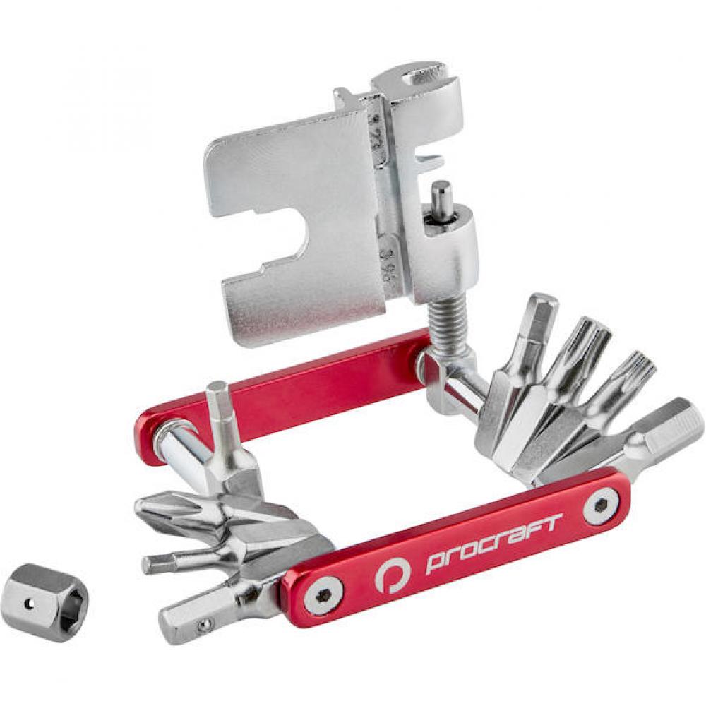 Procraft Werkzeug Mini Advanced 16 Funktionen Rot/ Silber - kompaktes Fahrrad-Multitool