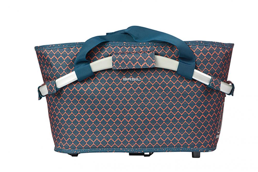Basil Flair Carry All MIK 22L Hinterradkorb navy mit geometrischem Muster, Tragegriffen und Kordelverschluss.