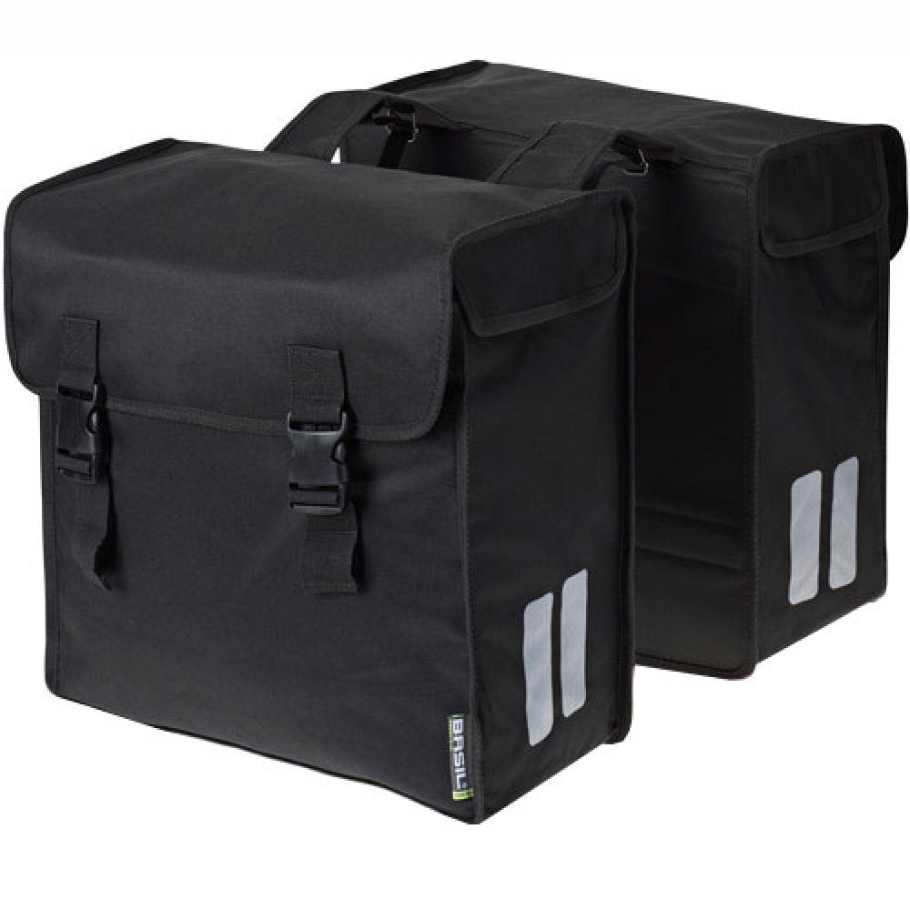 Basil Mara 3XL Doppelte Fahrradtasche, 52L, schwarz, wasserabweisendes Polyester, robuste Qualität, Reflektoren, ideal für E-Bikes, Citybikes, große Einkäufe