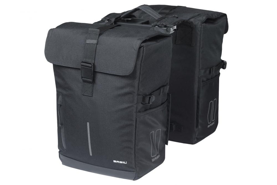 Basil Move Doppelpacktasche MIK 30 Liter - schwarz, wasserabweisend, inkl. Regenhülle, mit MIK-Adapterplatte