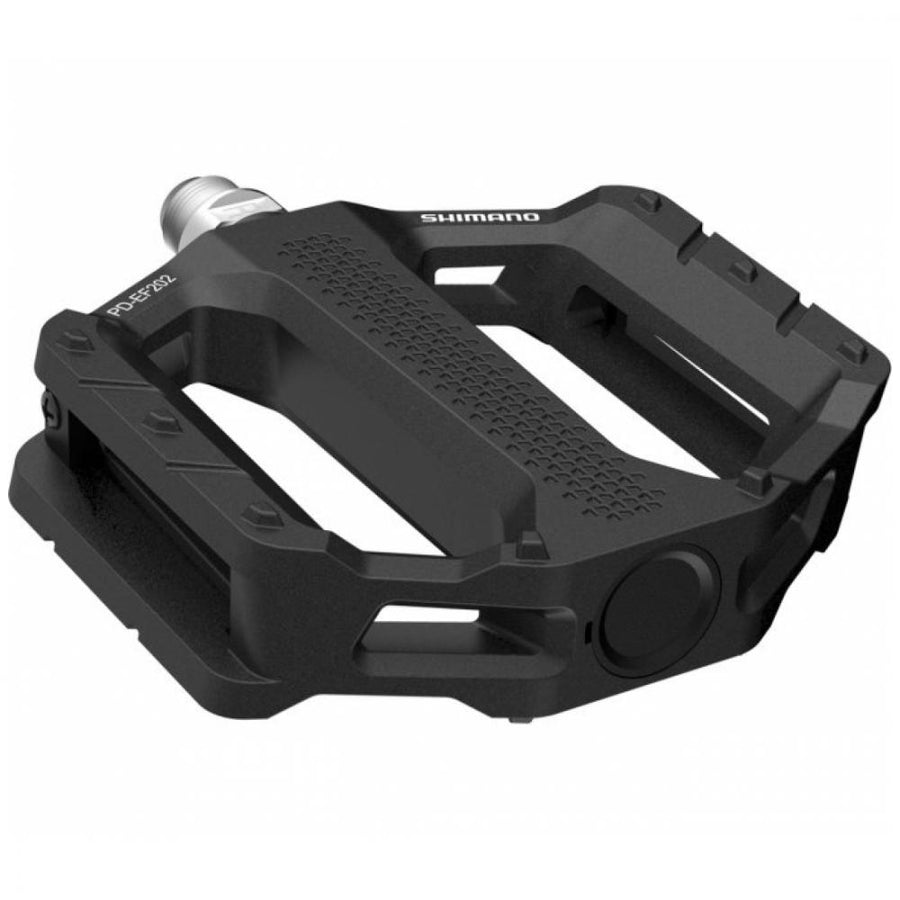 Schwarze Shimano PD-EF202 Fahrradpedale mit breiter Plattform für hohen Komfort.