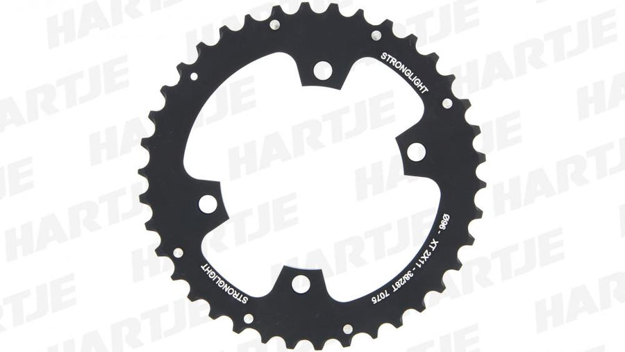 Schwarzes Stronglight HT3 Kettenblatt mit 38 Zähnen und 96mm BCD für Shimano XT 2x11 Antrieb.