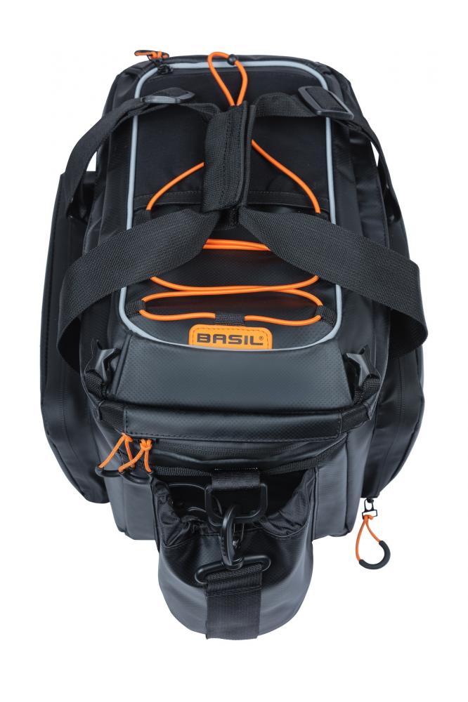 Basil Gepäckträgertasche Miles Tarpaulin XL Pro in Schwarz-Orange mit MIK 2.0-System.