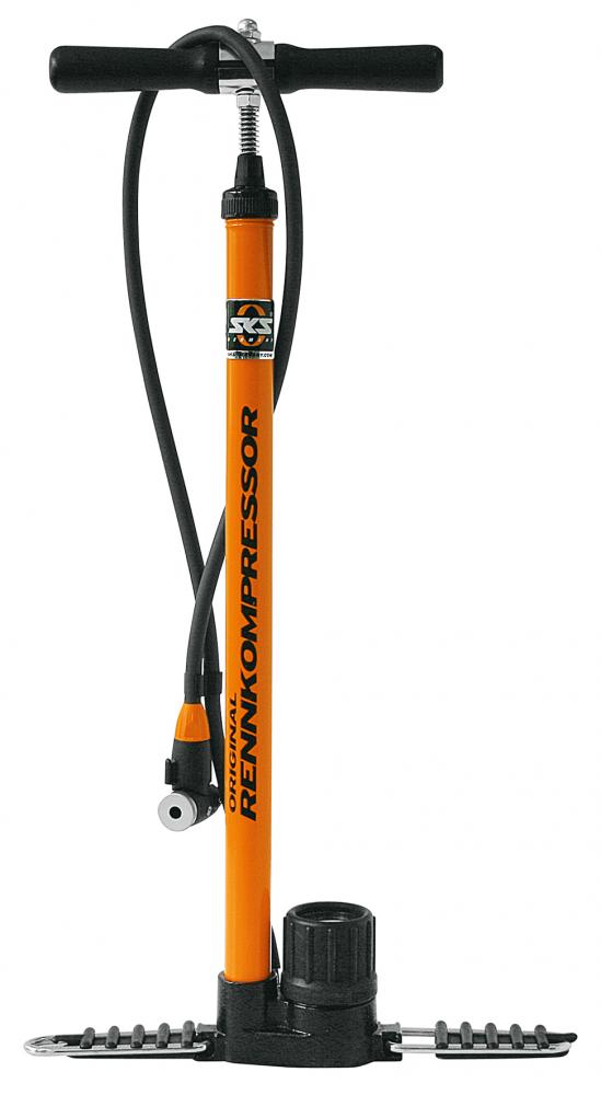 SKS Rennkompressor Standpumpe orange - Kult-Fußpumpe mit E.V.A.-Ventilkopf für DV/AV/SV, bis 16 bar, extra stabiler Stahlzylinder, Holzgriff, lange Lebensdauer