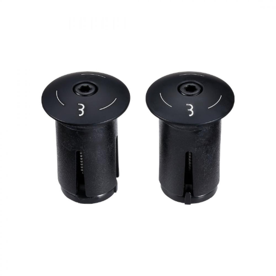 Zwei schwarze BBB Cycling ScrewOn Alu Lenkerendkappen mit "3" und Einstellmarkierungen. Sichere Lenkerabschlusslösung.