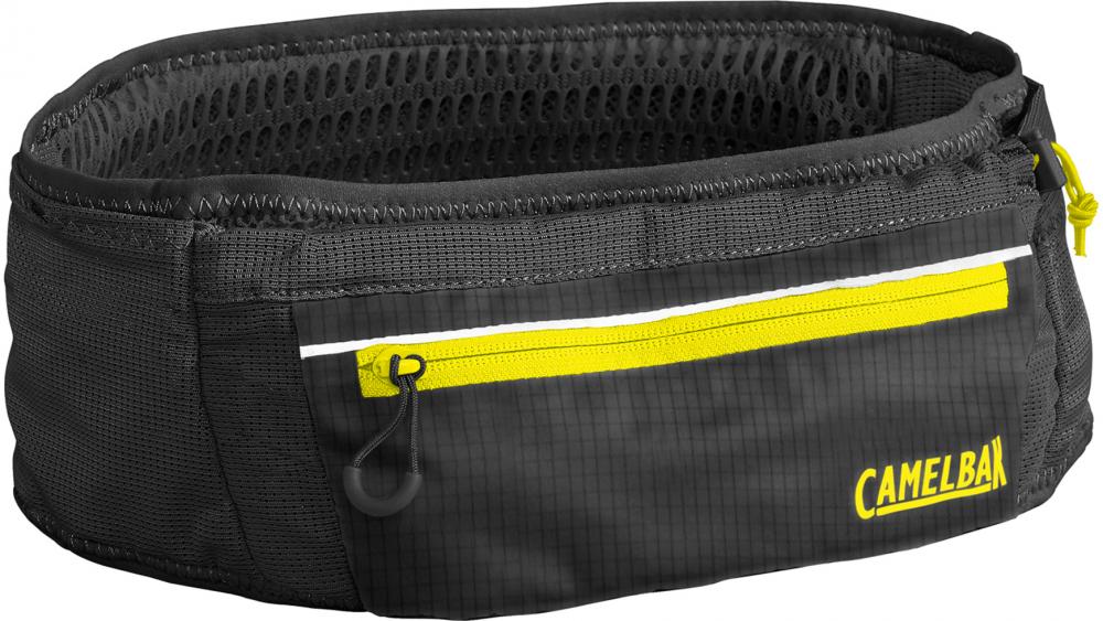 Schwarzer Camelbak Ultra Belt 0,5L S/M mit gelbem Reißverschluss und weißem Streifen, ideal fürs Fahrradfahren.