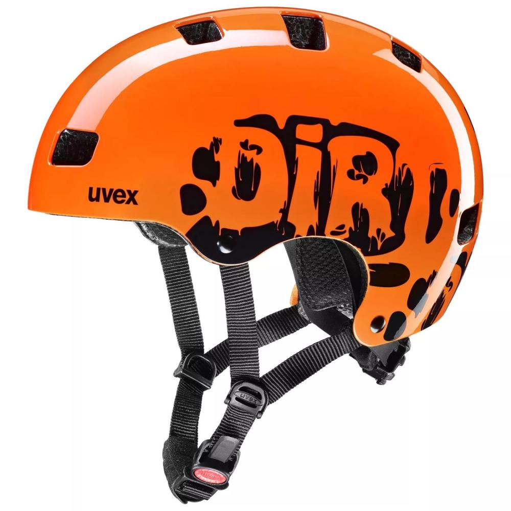 Uvex kid 3 SMU Kinder-Fahrradhelm in Orange mit schwarzem 'DIRT' Design, Hardshell, Monomatic Verschluss.