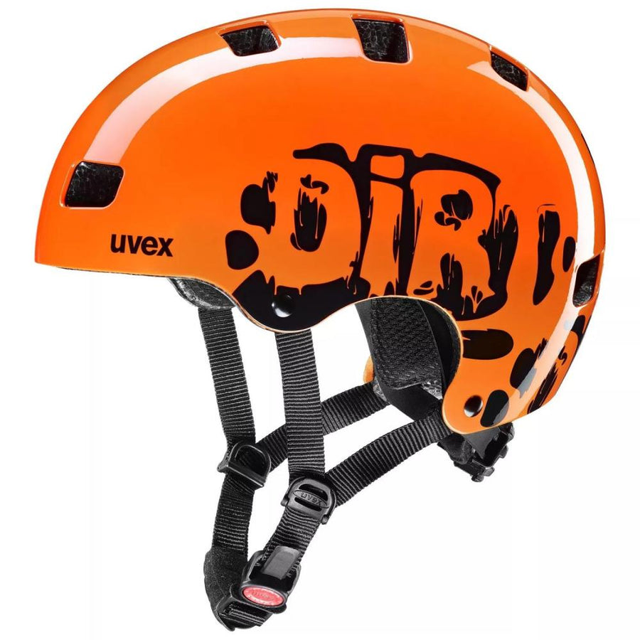 Uvex kid 3 SMU Kinder-Fahrradhelm in Orange mit schwarzem 'DIRT' Design, Hardshell, Monomatic Verschluss.
