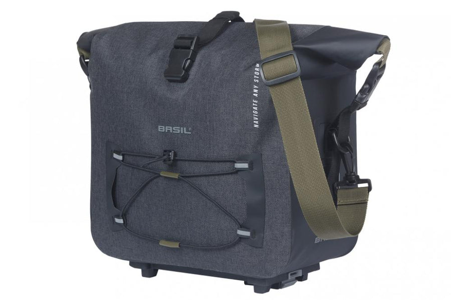 Basil Navigator Storm Trunkbag MIK 13L, wasserdichte Gepäckträgertasche mit MIK-Adapterplatte in Schwarz.
