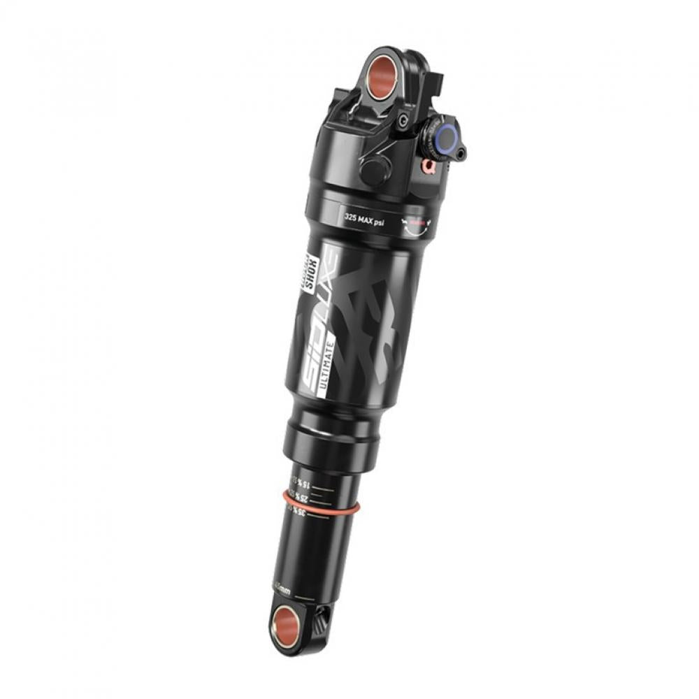 Schwarzer Rockshox SIDLuxe Ultimate Remote Hinterrad-Dämpfer mit Luftfederung und Sag-Anzeige.