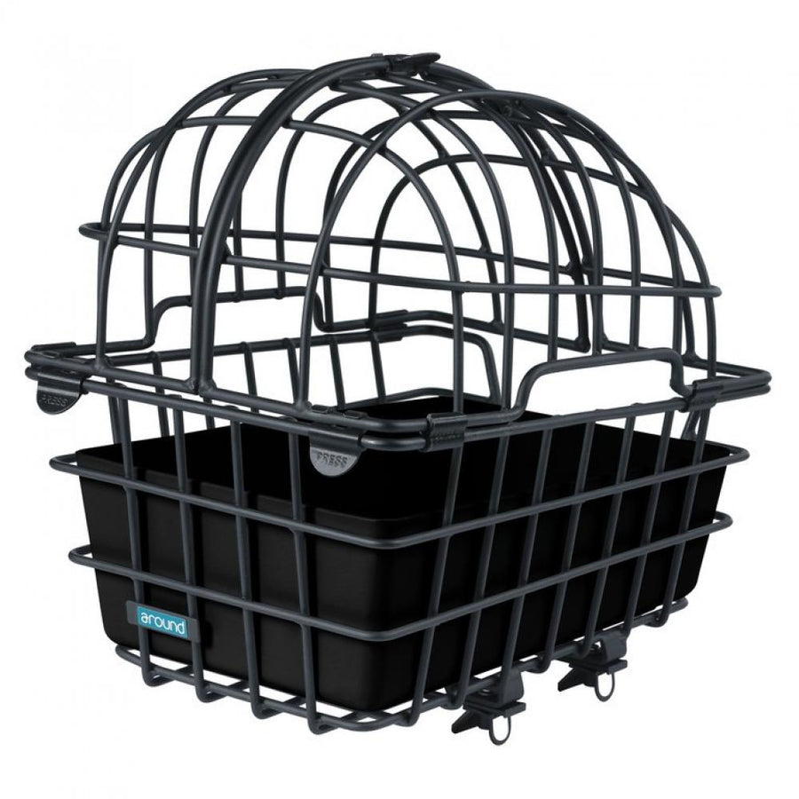 Schwarzer Mijnen Pieper Luna Alu Hinterrad-Tierfahrradkorb mit Gitteraufsatz und Fix-System.