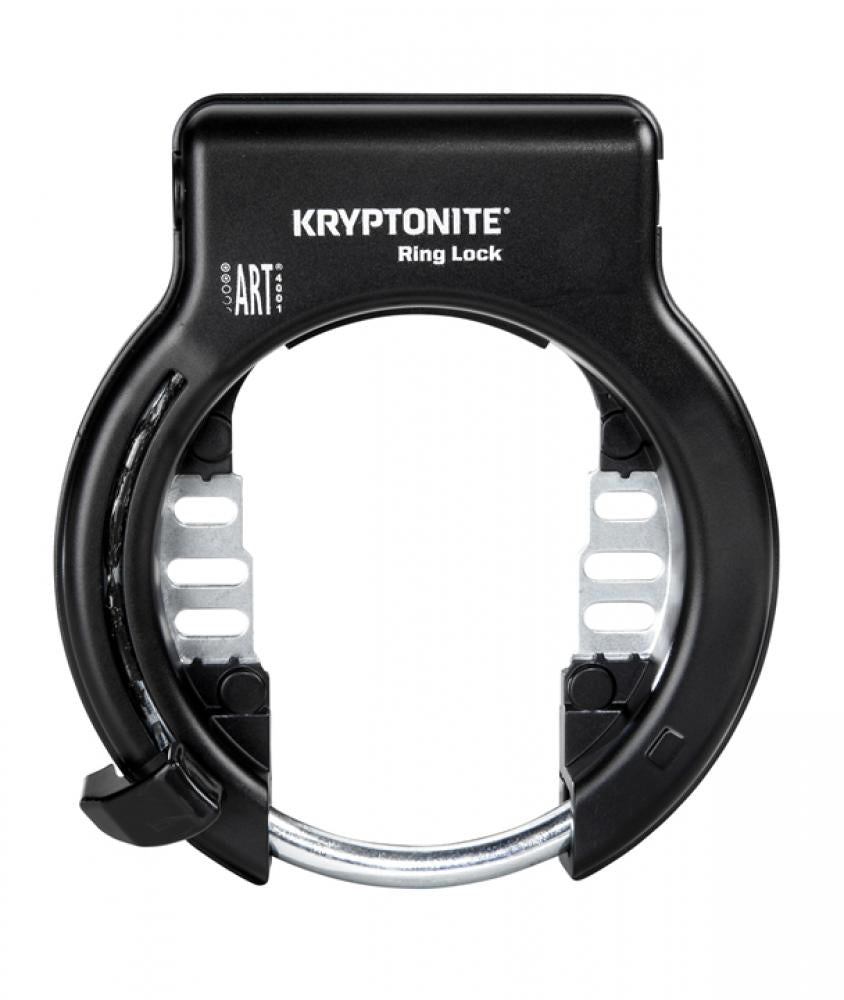 Kryptonite Ring Lock Rahmenschloss schwarz mit abziehbarem Schlüssel und flexibler Rahmenhalterung.