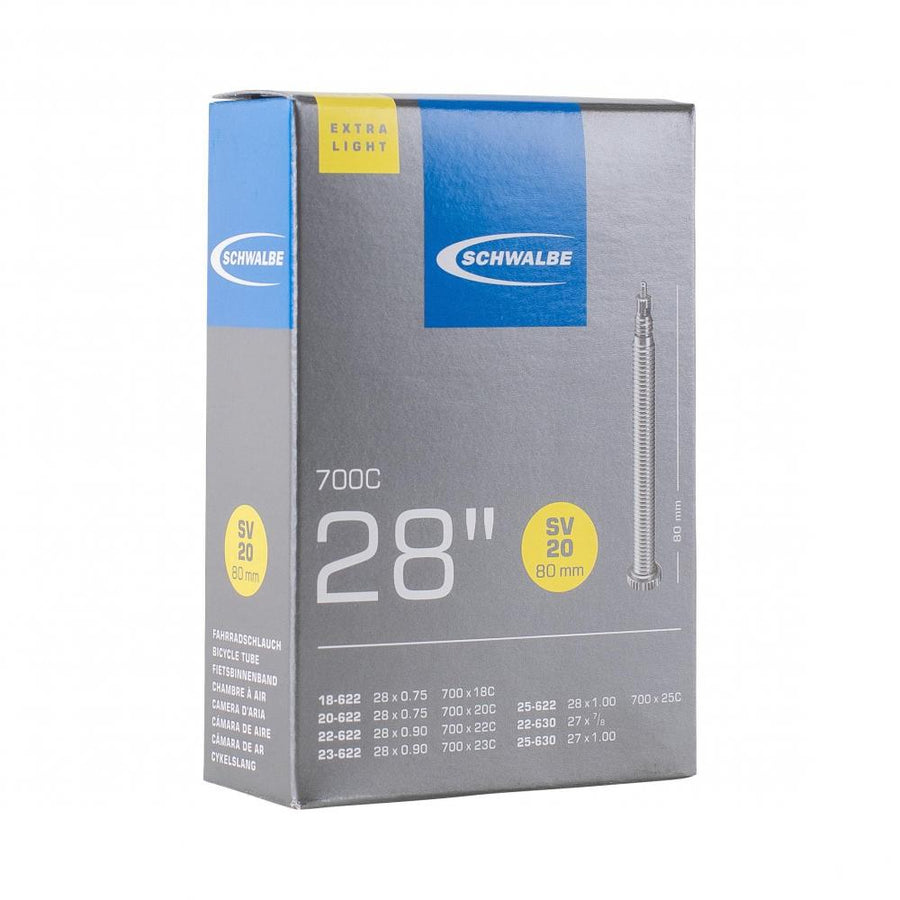 Schwalbe SV20 extra leichter Fahrradschlauch für 28 Zoll / 700C Reifen, 18-25mm, 80mm Sclaverandventil.