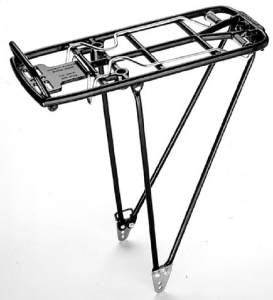 Pletscher Gepäckträger Athlete 26-28 Zoll - verstellbarer Aluminium-Gepäckträger mit Federklappe, klappbarer Taschenabstützung, 3-Punkt-Adaptersystem, Pumpenhalter, schwarz, bis 25 kg Tragkraft