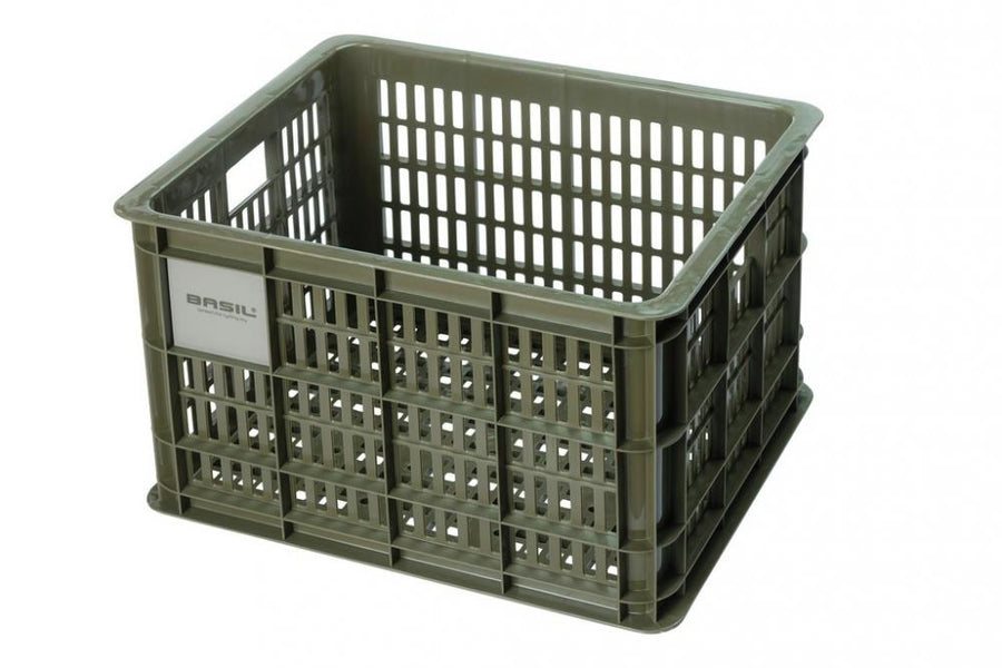 Grüne Basil Fahrradkiste M 29,5L aus nachhaltigem Kunststoff für Damen- & Herrenfahrräder, 45x35x25cm.