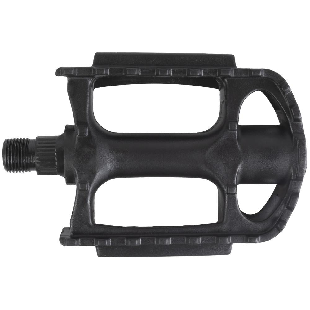Schwarze M-WAVE Steady-K3 Fahrradpedale aus Thermokunststoff mit Stahlachse, Reflektoren und StVZO-Zulassung.