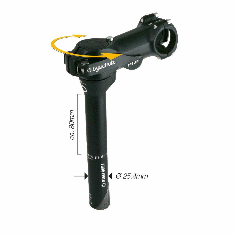 By,Schulz Vorbau Quill Twist SDS 90 mm schwarz - Alu 3D geschmiedet, Lenkerklemmung 31,8 mm Lenkerklemmung, Gabelschaftinnendurch 25,4 mm Gabelschaft, 8° Neigung, bis 80 mm Höhenverstellung
