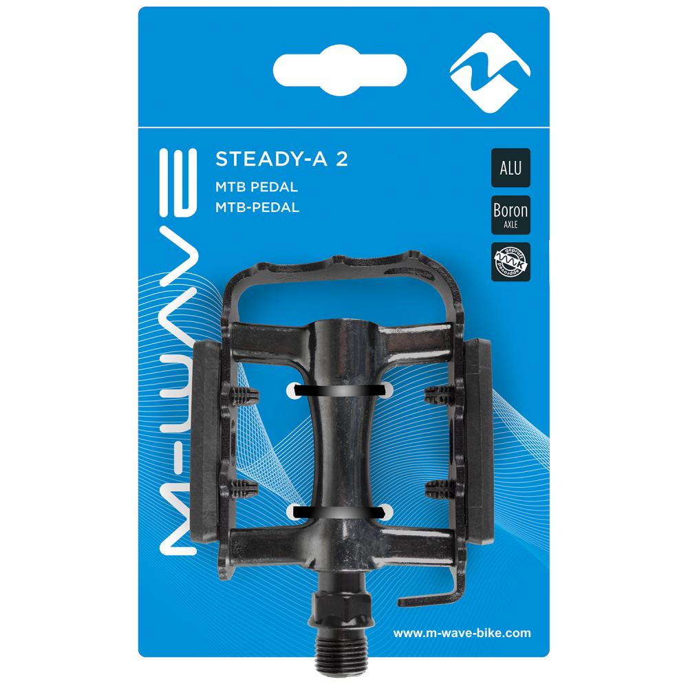 M-WAVE Steady-A2 Pedale 1 Paar schwarz - Aluminiumkörper & Käfig, Boron-Achse 9/16\", 273 g, Gleitlager, Trittfläche 90x62 mm, Reflektoren, StVZO zugelassen