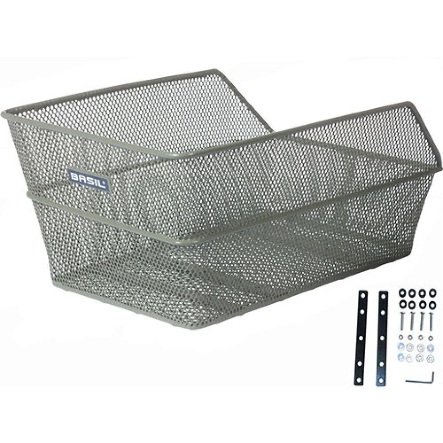Basil Cento Hinterradkorb engmaschig in Grau mit Montagematerial. Ideal für Schultasche.
