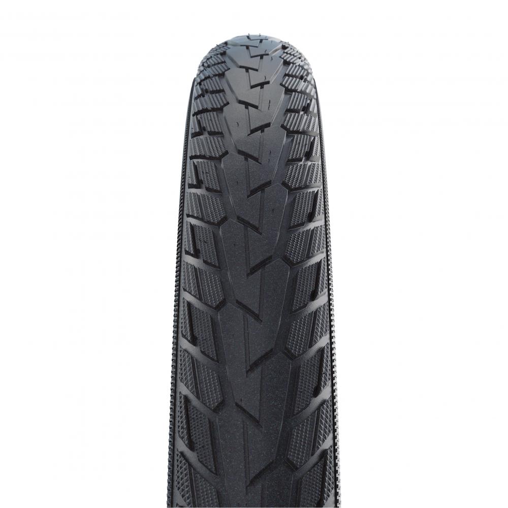 Schwarzer Schwalbe ROAD CRUISER PLUS 20x1.75 Fahrradreifen mit PunctureGuard und E-25 Zulassung, Profilansicht auf weißem Gru