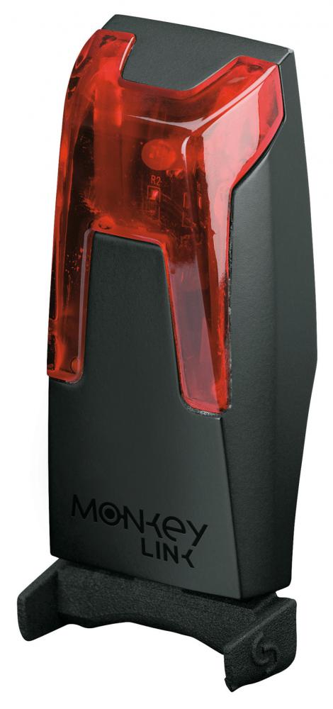 ML MonkeyLight Rear CONNECT: Schwarzes LED-Fahrrad-Rücklicht mit rotem Gehäuse und MonkeyLink-Logo auf der Front.